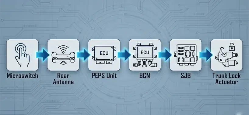 ۷ نکته مهم در عیب یابی تخصصی سیستم کیلس (PEPS) جک و لیفان 5 فلوچارت مراحل ارسال سیگنال باز شدن قفل صندوق عقب در سیستم شبکه خودرو جک S5